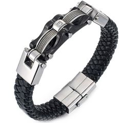 ***COI Titanium Silver Black/Gold Tone/Silver Cubic Zirconia Genuine Leather Bracelet With Steel Clasp(Length: 8.27 inches)-00885BB
