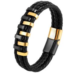 ***COI Titanium Black Gold Tone/Silver Genuine Leather Bracelet With Steel Clasp(Length: 8.27 inches)-00886BB
