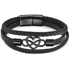 ***COI Titanium Black/Silver Infinity Heart Genuine Leather Bracelet With Steel Clasp(Length: 8.27 inches)-00889BB