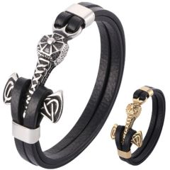 ***COI Titanium Black Gold Tone/Silver Anchor Genuine Leather Bracelet With Steel Clasp(Length: 8.27 inches)-00891BB