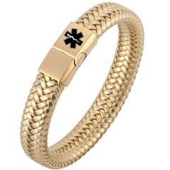 ***COI Gold Tone Titanium Medical Alert Genuine Leather Bracelet With Steel Clasp(Length: 8.27 inches)-00893BB