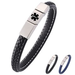 ***COI Titanium Medical Alert Genuine Leather Bracelet With Steel Clasp(Length: 8.27 inches)-00896BB