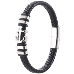 ***COI Titanium Black Silver Anchor Genuine Leather Bracelet With Steel Clasp(Length: 8.86 inches)-00898BB