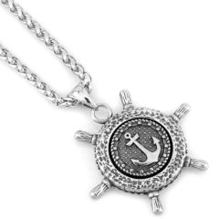 ***COI Titanium Black Silver Anchor & Steering Wheel Pendant-00924BB