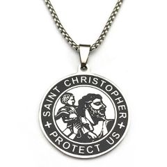 ***COI Titanium Black Silver Saint Christopher Protect Us Pendant-00963BB