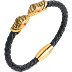 ***COI Titanium Black Gold Tone Snake Heads Created Red Ruby Genuine Leather Bracelet With Steel Clasp(Length: 5.90 inches)-00964BB