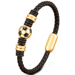 ***COI Titanium Black/Gold Tone/Silver Soccer Genuine Leather Bracelet With Steel Clasp(Length: 8.27 inches)-00973BB