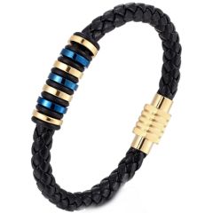 ***COI Titanium Black Gold Tone Blue Genuine Leather Bracelet With Steel Clasp(Length: 9.06 inches)-00974BB