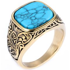 ***COI Titanium Black Gold Tone Celtic Ring With Turquoise-00985BB