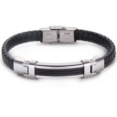 ***COI Titanium Black/Gold Tone/Silver Wire Genuine Leather Bracelet With Steel Clasp(Length: 8.46 inches)-00990B