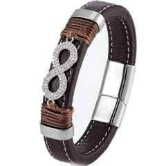 ***COI Titanium Infinity Cubic Zirconia Genuine Leather Bracelet With Steel Clasp(Length: 9.06 inches)-01025BB