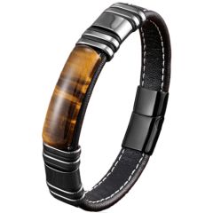 ***COI Titanium Black Silver Tiger Eye Genuine Leather Bracelet With Steel Clasp(Length: 8.27 inches)-01029BB