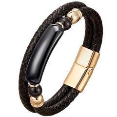 ***COI Gold Tone Titanium Black Onyx Genuine Leather Bracelet With Steel Clasp(Length: 8.27 inches)-01030BB