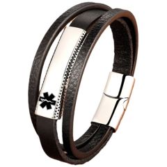 ***COI Titanium Gold Tone/Silver Medical Alert Genuine Leather Bracelet With Steel Clasp(Length: 8.46 inches)-01035BB