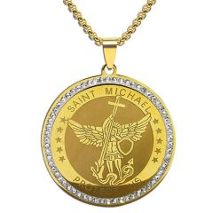 ***COI Titanium Gold Tone/Silver Saint Michael Protect Us Pendant With Cubic Zirconia-01055BB