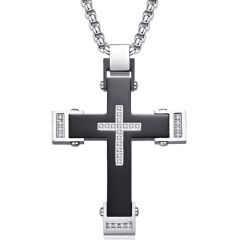 ***COI Titanium Black Silver Cross Pendant With Cubic Zirconia-01056BB