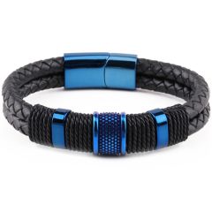 ***COI Titanium Black/Blue/Gold Tone/Silver Black Genuine Leather Bracelet With Steel Clasp(Length: 8.66 inches)-01060BB