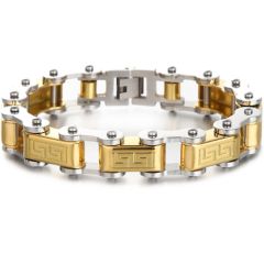 ***COI Titanium Gold Tone Silver Greek Key Pattern Bracelet With Steel Clasp(Length: 9.06 inches)-01061BB