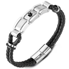 ***COI Titanium Medical Alert Genuine Leather Bracelet With Steel Clasp(Length: 8.27 inches)-01078BB