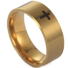 ***COI Titanium Black/Gold Tone/Silver Cross Pipe Cut Flat Ring-01083BB