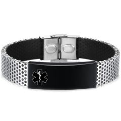 ***COI Titanium Black Silver Medical Alert Genuine Leather Bracelet With Steel Clasp(Length: 8.07 inches)-01096BB