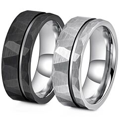 ***COI Titanium Black/Silver/Gold Tone Silver Offset Groove Faceted Ring-01152BB