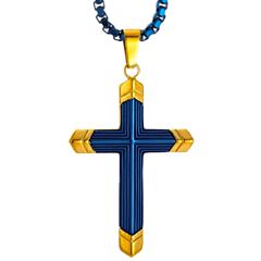 ***COI Titanium Black/Blue Gold Tone Cross Pendant-01155BB