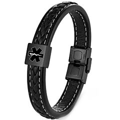 ***COI Black Titanium Medical Alert Genuine Leather Bracelet With Steel Clasp(Length: 9.06 inches)-01197BB
