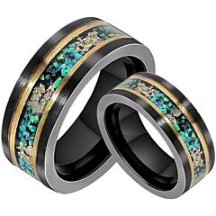 ***COI Titanium Black Gold Tone Double Grooves Ring With Crushed Opal & Gold Foil-01216BB