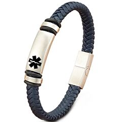 ***COI Titanium Black Silver Medical Alert Genuine Leather Bracelet With Steel Clasp(Length: 9.05 inches)-01224BB