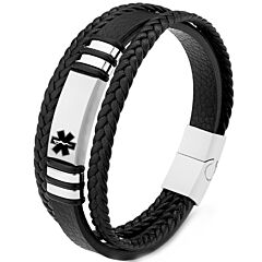 ***COI Titanium Black Silver Medical Alert Genuine Leather Bracelet With Steel Clasp(Length: 8.27 inches)-01226BB