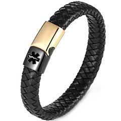 ***COI Titanium Black Gold Tone Medical Alert Genuine Leather Bracelet With Steel Clasp(Length: 8.27 inches)-01230BB
