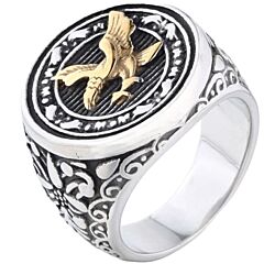 ***COI Titanium Black Gold Tone Silver/Black Silver Eagle Celtic Ring-01231BB