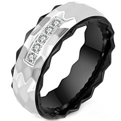 ***COI Titanium Black/Gold Tone Silver Hammered Step Edges Ring With Cubic Zirconia-01238BB