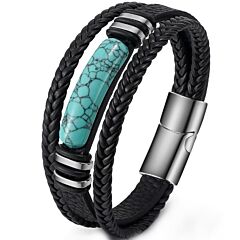 ***COI Titanium Black Silver Green Malachite/Turquoise Genuine Leather Bracelet With Steel Clasp(Length: 8.27 inches)-01246BB