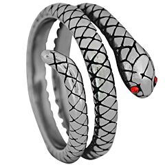 ***COI Titanium Black Silver Snake Ring With Created Red Ruby-01252BB