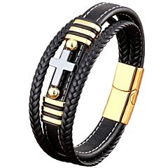 ***COI Titanium Black Gold Tone Silver Cross Genuine Leather Bracelet With Steel Clasp(Length: 8.27 inches)-01254BB