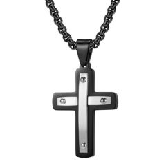 ***COI Titanium Black Rose/Silver Cross Pendant-01278BB