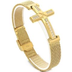 ***COI Titanium Gold Tone/Silver Cross Cubic Zirconia Bracelet With Steel Clasp(Length: 8.66 inches)-01284BB