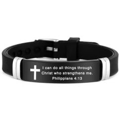 ***COI Titanium Black Silver Cross Prayer Rubber Bracelet With Steel Clasp(Length: 8.66 inches)-01302BB