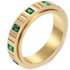 ***COI Titanium Gold Tone/Silver Grooves Ring With Created Green Emerald-01308BB