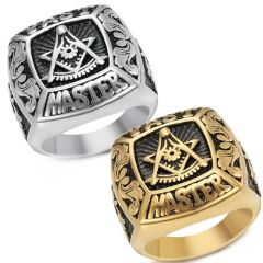 ***COI Titanium Black Gold Tone/Silver Masonic Freemason Ring-01312BB