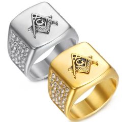 ***COI Titanium Gold Tone/Silver Masonic Freemason Ring With Cubic Zirconia-01313BB