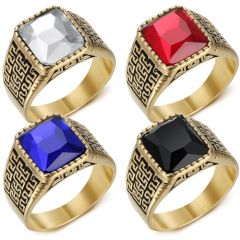 ***COI Titanium Gold Tone Black Ring With Created White Diamond/Blue Sapphire/Red Ruby/Black Onyx-01315BB