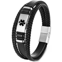 ***COI Titanium Medical Alert Genuine Leather Bracelet With Steel Clasp(Length: 9.06 inches)-01340BB