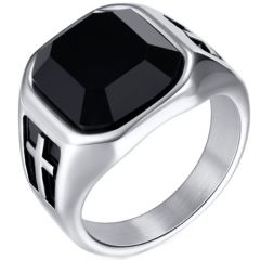 ***COI Titanium Black Silver Cross Ring With Black Onyx-01345BB
