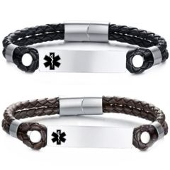 ***COI Titanium Medical Alert Genuine Leather Bracelet With Steel Clasp(Length: 8.46 inches)-01362BB