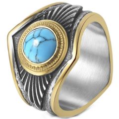 ***COI Titanium Black Gold Tone Silver Ring With Turquoise-01366BB