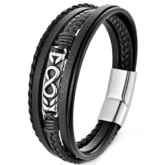 ***COI Titanium Black Silver Infinity Genuine Leather Bracelet With Steel Clasp(Length: 8.27 inches)-01374BB