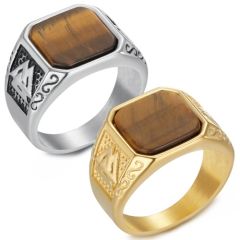 ***COI Titanium Gold Tone/Silver Ring With Tiger Eye-01382BB